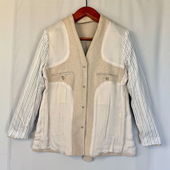 Banana Republic Norfolk Linen-Cotton Cream Herringbone Belted Long Blazer Jacket - Picture 8 of 17